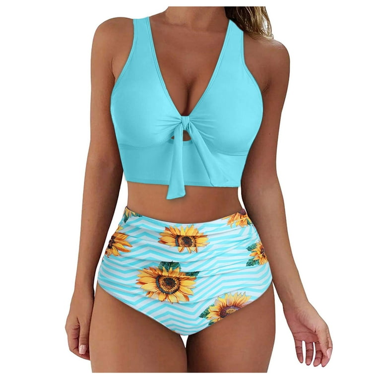 MIASHUI 2 Piece Bikini Sets for Women High Waist Swimwear Solid Color Top  With Print Bottom Shorts Swimsuit Beachwear