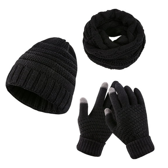 MIASHUI Autumn Winter Knit Solid Color Adult Outdoor Plush Thick Warm Hat, Scarf, and Gloves Three-Piece Set, Scarf Set Black,One Size