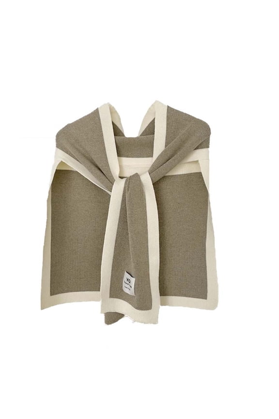 Autumn Winter New Knit Small Shawl Versatile Color Block Warm Outerwear Small Vest Tie Scarf for Women Khaki