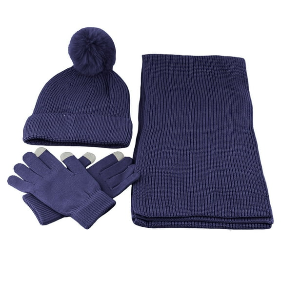 MIASHUI Autumn Winter Scarf, Hat, and Gloves Three-Piece Set, Solid Color Yarn Knit Plush Warm Scarf, Cold Weather Scarf Set Navy,One Size