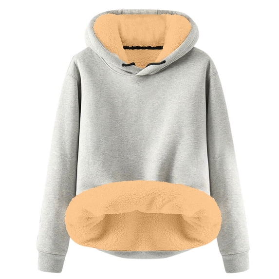 Women's Sherpa Lined Pullover Hoodie, Winter Warm Long Sleeve Casual Sweatshirt, Solid Color Hooded Top Light Gray,XXXXL