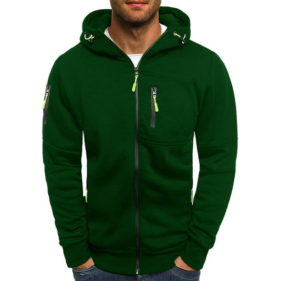 MIASHUI Big and Tall Men's Multi Zipper Hoodie Winter Lined Multiple Pockets Trendy Sweatshirt Open Front Jacket Green,XL