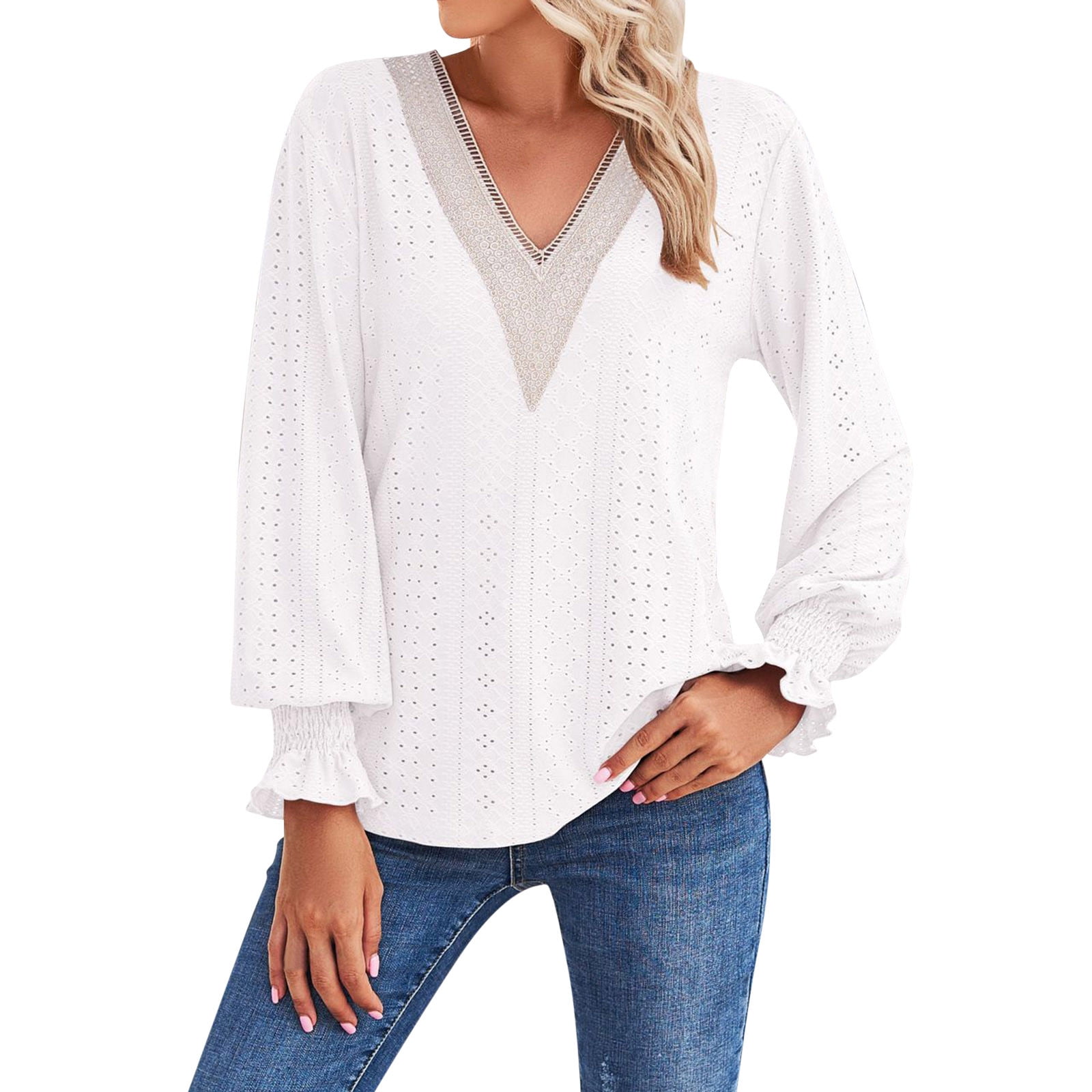 MIASHUI Blouses for Women Fashion Womens Guipure Lace Deep V Neck Long