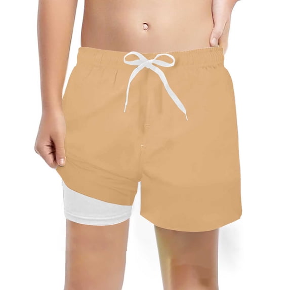 MIASHUI Boys Swim Trunks with Compression Liner Solid Color Beach Swim Shorts,Khaki,6-7 Years