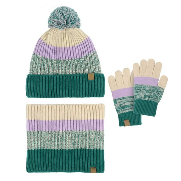 MIASHUI Children's Pom Pom Knit Hat Color Block Wool Blend Hat, Scarf, and Gloves Three-Piece Set Warm Neck Scarf Set Green