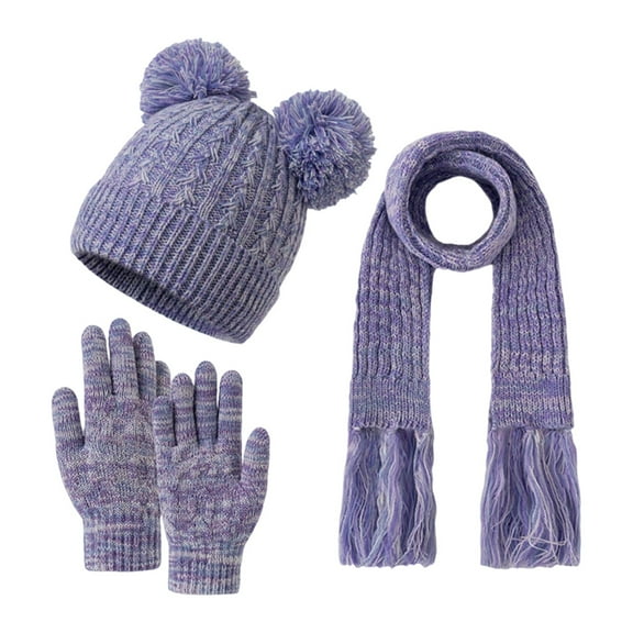 MIASHUI Children's Winter Plied Yarn Double Pom Pom Fringe Scarf Gloves Hat Warm Three-Piece Set 3-12 Years Purple