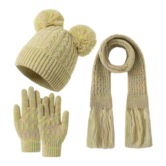 MIASHUI Children's Winter Plied Yarn Double Pom Pom Fringe Scarf Gloves Hat Warm Three-Piece Set 3-12 Years Yellow