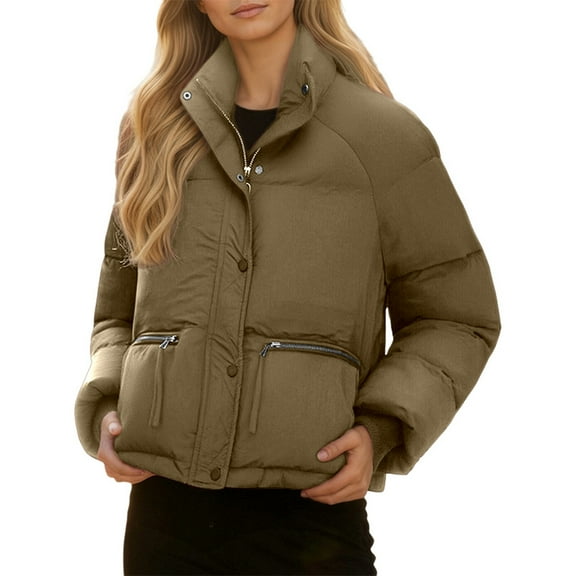 MIASHUI Down Cotton Parka Women's Short Versatile Korean Style Stand Collar Thick Puffer Jacket, Trendy Coat Khaki,XXL