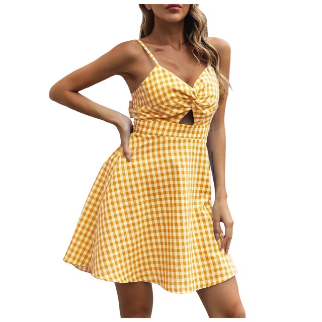 MIASHUI Dresses for Women Summer Boho Sleeveless Plaid Dress ALine