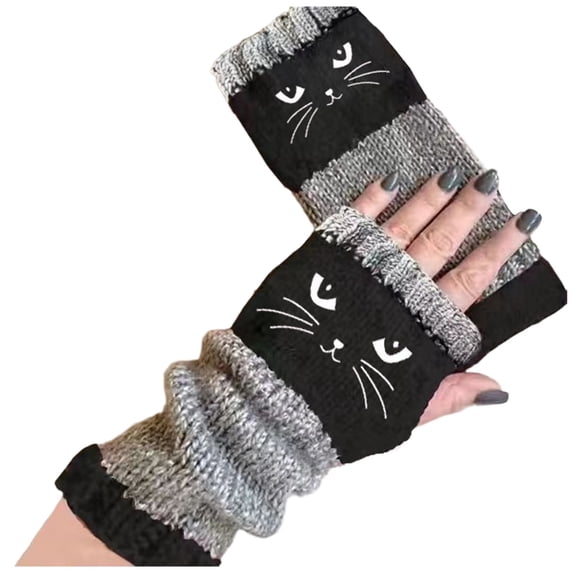 MIASHUIWomen's Knitted Fingerless Gloves Winter Warm with Cat Face Embroidery & Design, Thick Cozy Fashion Casual Leaky Finger Gloves,Black