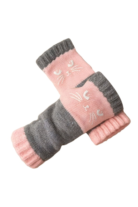 MIASHUIWomen's Knitted Fingerless Gloves Winter Warm with Cat Face Embroidery & Design, Thick Cozy Fashion Casual Leaky Finger Gloves,Pink