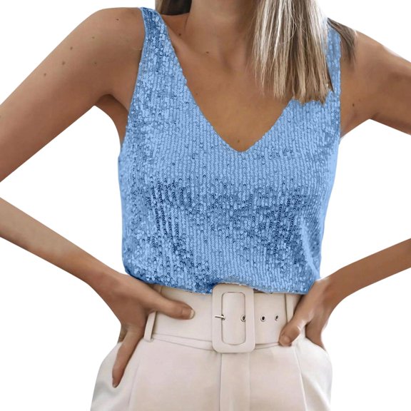 MIASHUI Elegant Sequin Camisole Top Shiny Sleeveless Blouse For Women Casual Party Wear Blue,S