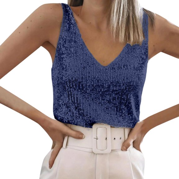 MIASHUI Elegant Sequin Camisole Top Shiny Sleeveless Blouse For Women Casual Party Wear Navy,S
