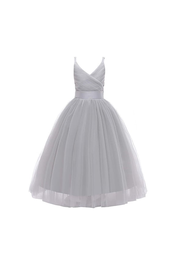 Elegant V-Neck Flower Girl Dress for Wedding Birthday Girl's Formal Dresses,Grey,4-6 Years