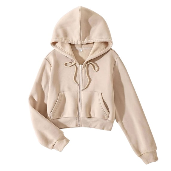 MIASHUI Fashionable Women's Long Sleeve Cropped Hoodie with Drawstring Casual Pullover Sweatshirt Khaki,S