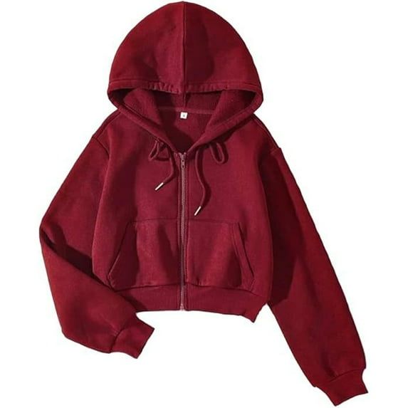 MIASHUI Fashionable Women's Long Sleeve Cropped Hoodie with Drawstring Casual Pullover Sweatshirt Red,XXL
