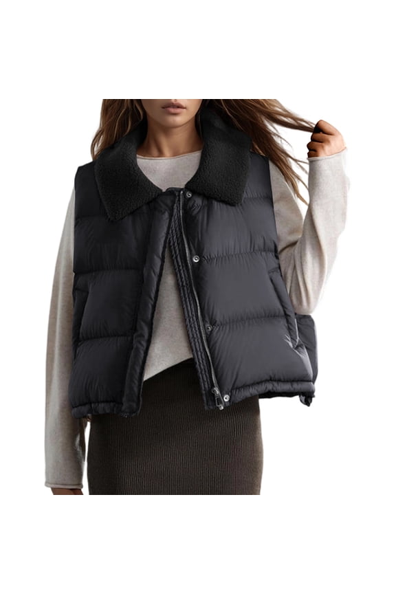 Down Cotton Vest for Women, 2025 Autumn Winter New Korean Style Pure Color Waistcoat Parka Black,L