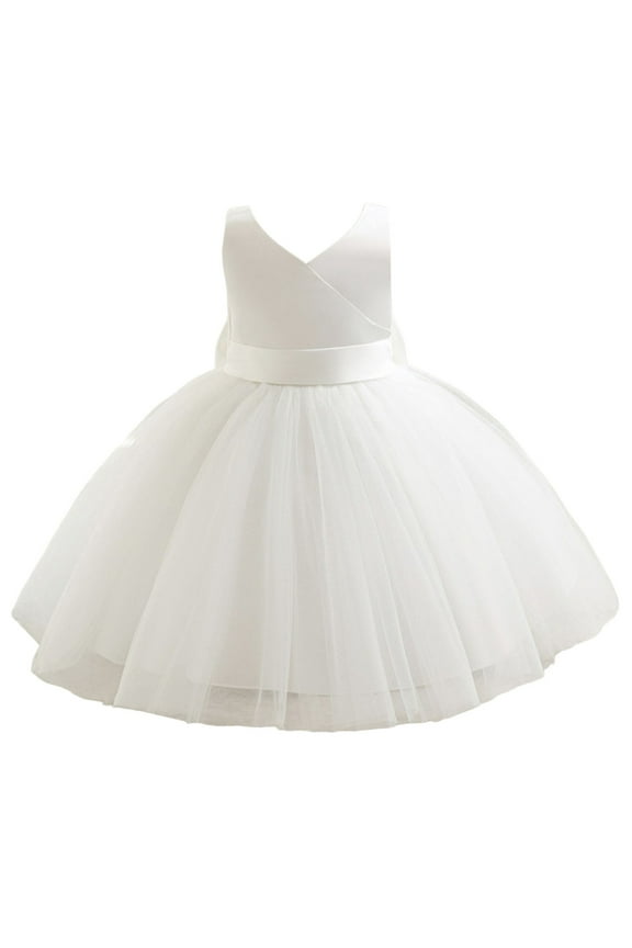Flower Girl Princess Dresses V-Neck Wedding Birthday Party Ball Gown,White,12-18 Months