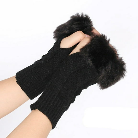 MIASHUI Fur Fingerless Gloves, Plush Half Finger Gloves with Fur Trim for Winter Fashion and Warmth Black