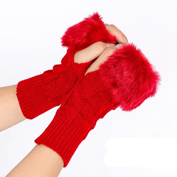 MIASHUI Fingerless Gloves, Plush Half Finger Gloves with Trim for Winter Fashion and Warmth Red