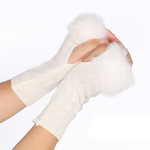 MIASHUI Fingerless Gloves, Plush Half Finger Gloves with Trim for Winter Fashion and Warmth White