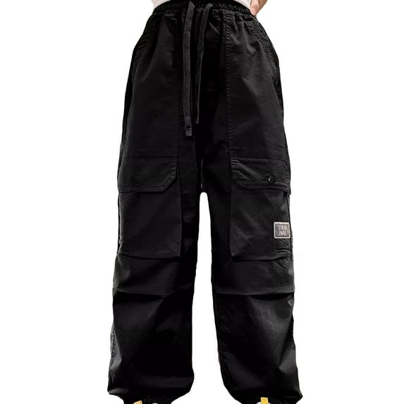 MIASHUI Girls Cargo Pants Elastic High Waist Drawstring Jogger Trousers Casual Loose Streetwear,Black,13-14 Years