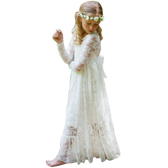 MIASHUI Girls Lace Long Sleeve Swing Wedding Party Maxi Dress,White,4-5 Years