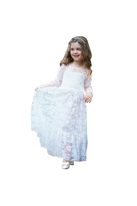 Girls Lace Long Sleeve Swing Wedding Party Maxi Dress,White,7-8 Years