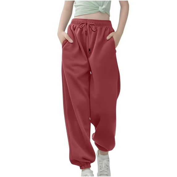 MIASHUI Girls Sports Pants Boys Drawstring Elastic Waist Active Jogger Sweatpants,Red,13-14 Years