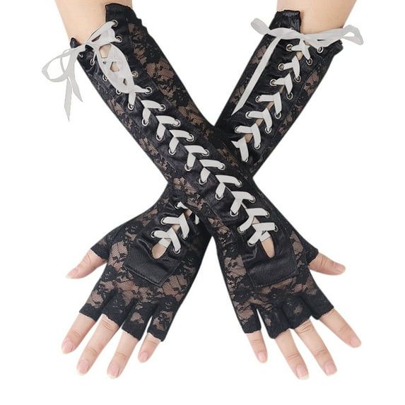 MIASHUI Halloween Long Solid Color Gloves, Lace-Up Fingerless Gloves with Cut-Out and Studs for Gothic Party Costume Light Gray