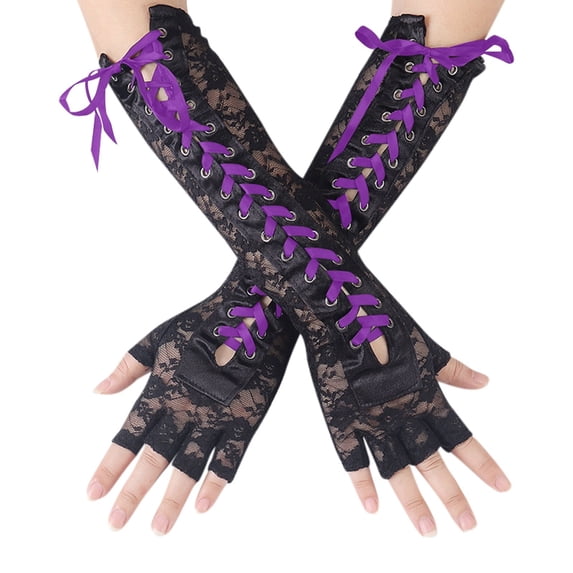 MIASHUI Halloween Long Solid Color Gloves, Lace-Up Fingerless Gloves with Cut-Out and Studs for Gothic Party Purple