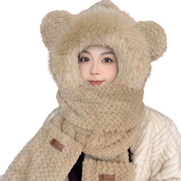 MIASHUI Hat for Women Winter Warm Thick Scarf Connected Two-Piece Set Ear Protection Hat Cold Protection Scarf Khaki