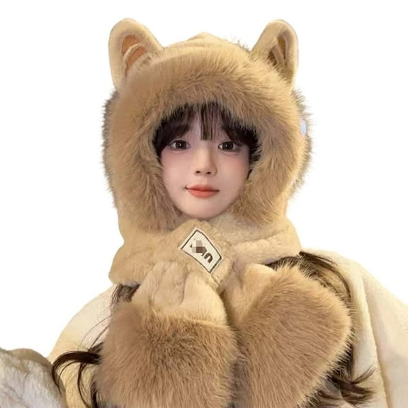 MIASHUI Hat for Women Winter Warm Thick Scarf Connected Two-Piece Set Ear Protection Hat Cold Protection Scarf Khaki