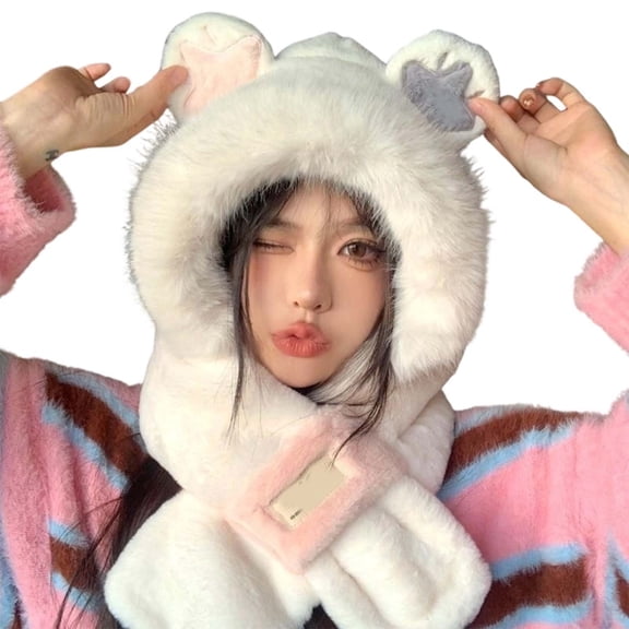 MIASHUI Hat for Women Winter Warm Thick Scarf Connected Two-Piece Set Ear Protection Hat Cold Protection Scarf White