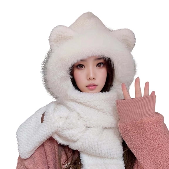MIASHUI Hat for Women Winter Warm Thick Scarf Connected Two-Piece Set Ear Protection Hat Cold Protection Scarf White