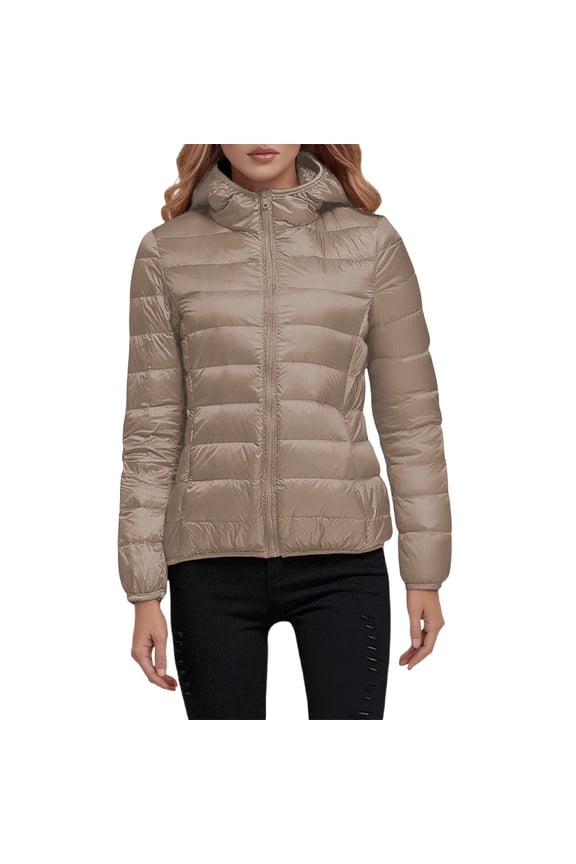 Hooded Down Jacket Women's Short Lightweight Thick Student Korean Style White Feather Warm Parka Khaki,S