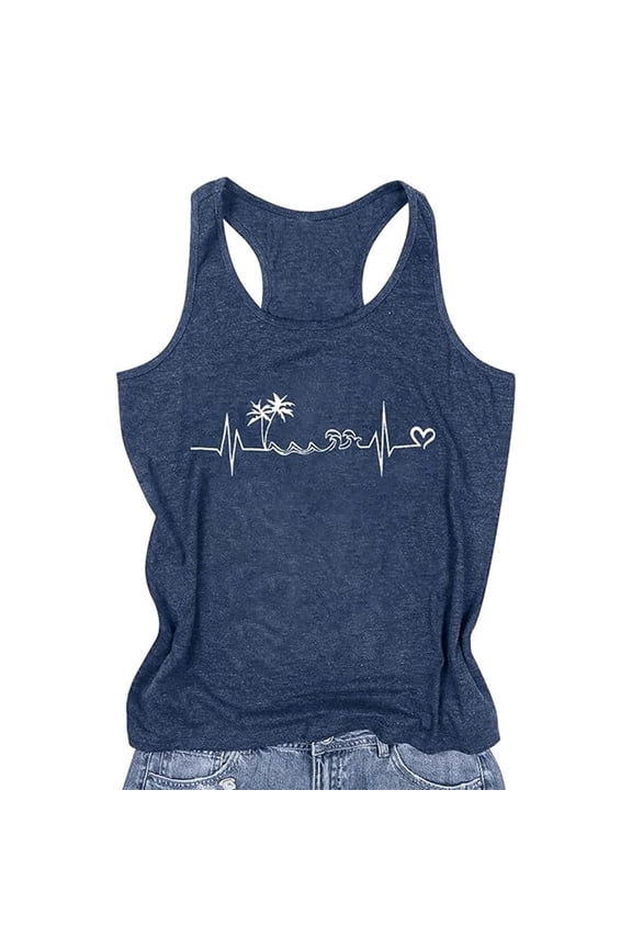 Ladies Fashion Casual Crew Neck Sleeveless Letter Print Graphic Summer Tank Top for Women Blue,XXL