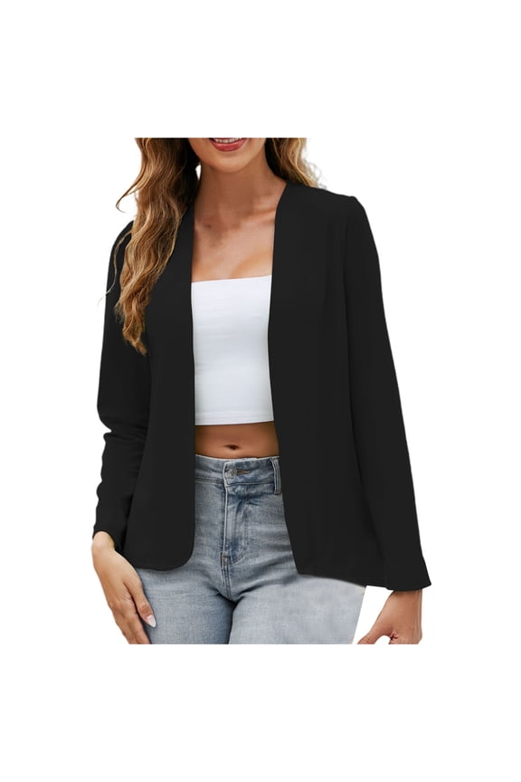 Ladies Fashion Slim Fit Long Sleeve Solid Color Collarless Cardigan Blazer Shawl Jacket&nbsp;Coat Black,S