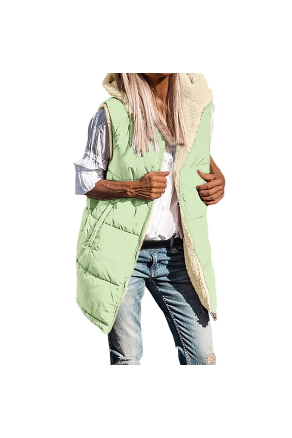 Long Down Vest Women's Reversible Sleeveless Winter Warm Hooded Parka with Pockets, Lightweight Outerwear Light Green,S