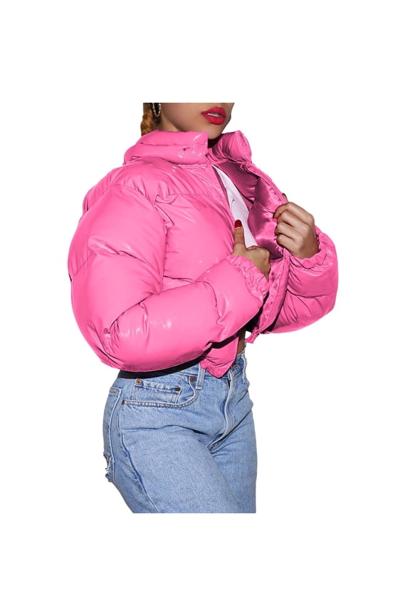 Long Sleeve Zip Cardigan Stand Collar Warm Mirror Finish Leisure Jacket, Casual Outerwear Pink,S