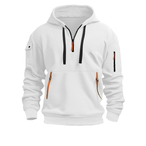 MIASHUI Men's Casual Athletic Hoodie Multiple Zipper Arms Embroidery Pullover Sweatshirt Lightweight Hooded Jacket White,M