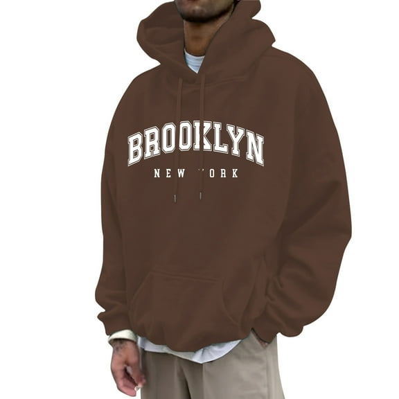 MIASHUI Men's City Name Letter Print Hoodie Long Sleeve Pullover Casual Streetwear Graphic Sweatshirt Top Coffee,L