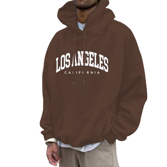 MIASHUI Men's City Name Letter Print Hoodie Long Sleeve Pullover Drawstring Hood Casual Streetwear Top Brown,M
