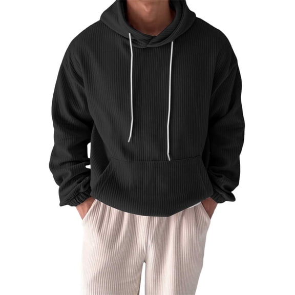 MIASHUI Men's Corduroy Hoodie Solid Color Large Pockets Pullover Long Sleeve Casual Loungewear Sportswear Black,XL