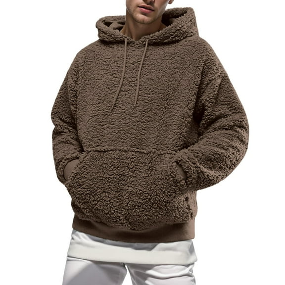 MIASHUI Men's Fall Winter Plush Lined Hoodie Soft Warm Pullover Long Sleeve Casual Comfortable Sweatshirt Coffee,L