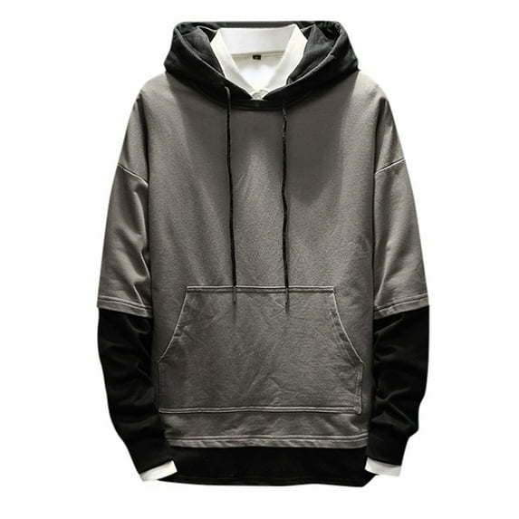 MIASHUI Men's Fall Winter Trendy Color Block Oversized Casual Pullover Hoodie Drop Shoulder Long Sleeve Sweatshirt Grey,L