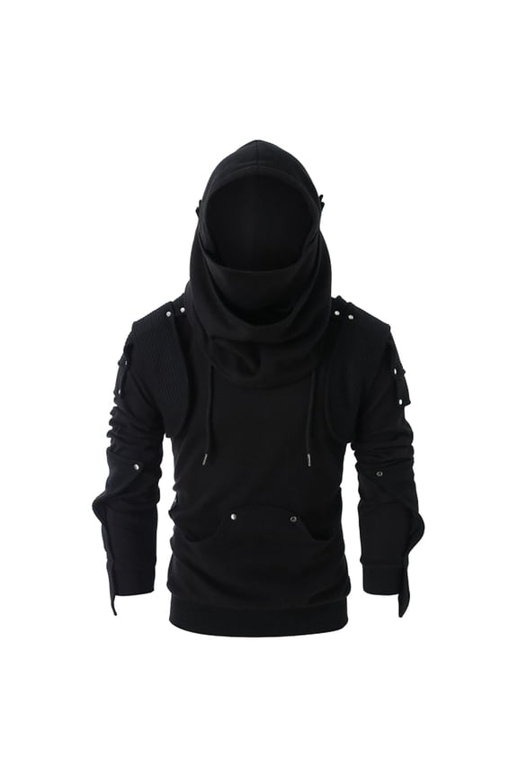 Men's Retro Gothic Face Cover Hoodie Dark Techwear Style Loose Fit Pullover with Studded Details Black,S