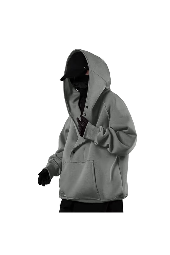 Men's Retro High Neck Hoodie Loose Fit Hop Streetwear Long Sleeve Pullover Rapper Style Jacket Grey,XL