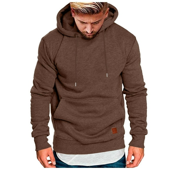 MIASHUI Men's Solid Color Hooded Sweatshirt Thickened Leather Label Big and Tall Drawstring Pocket Pullover Hoodie Brown,S