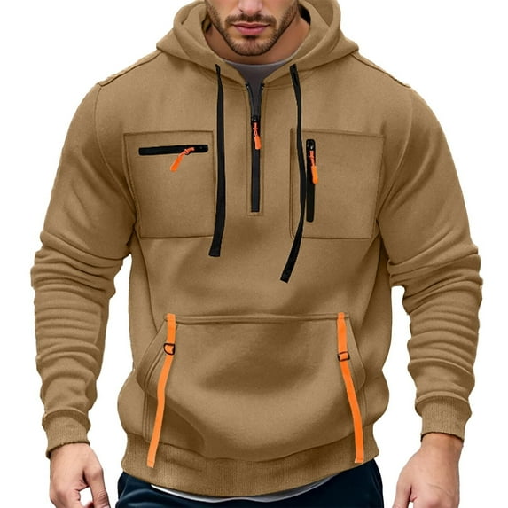 MIASHUI Men's Solid Color Pocket Zip Up Hooded Sweatshirt Casual Comfortable Pullover Jacket Long Sleeve Outerwear Khaki,S